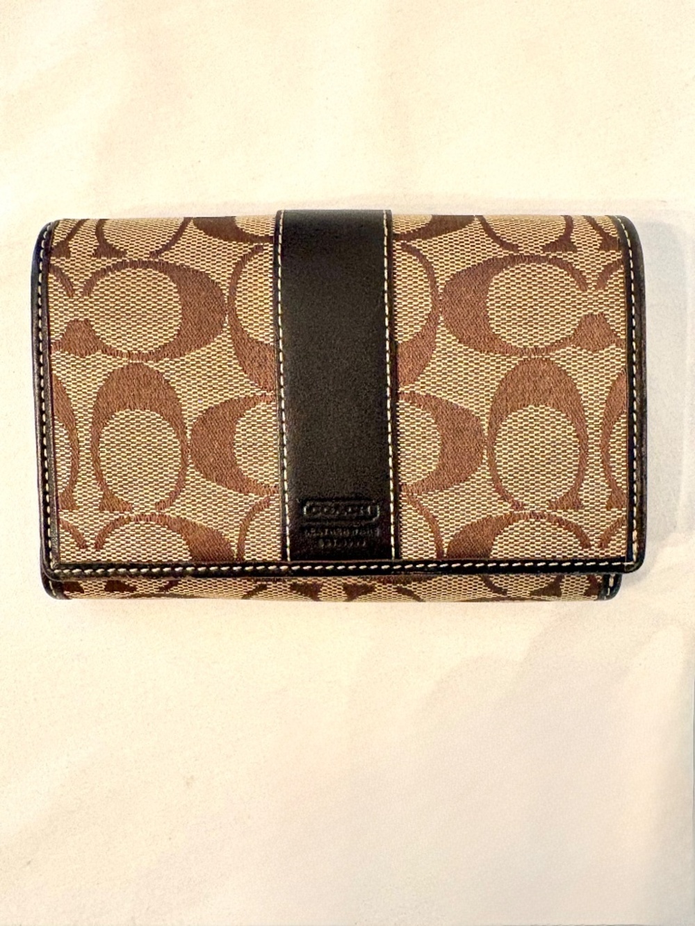 Coach Signature Canvas Leather Trim Flap Zip Wallet Clutch